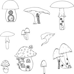 Set of fairytale houses. Collection of cartoon houses in the shape of  mushrooms. Black and white illustration of housing for fairytale characters. Hand-drawn vector illustration.