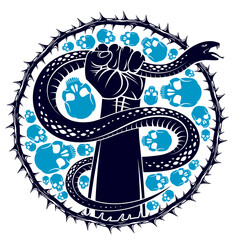 Hand squeezes a snake, fight against evil devil and Satan, control your inner beast animal, archetype shadow, life is a fight concept, vintage vector logo or tattoo.
