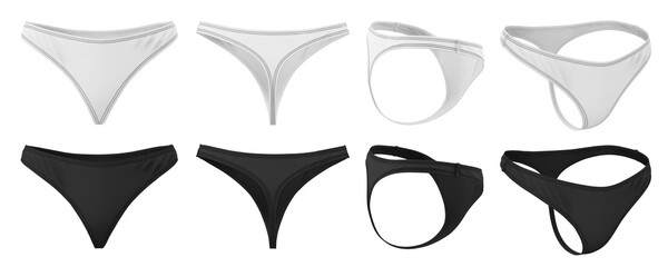Women's tanga panties. Simple 3D realistic mockup in black and white color. Women's underwear front, back, side view.