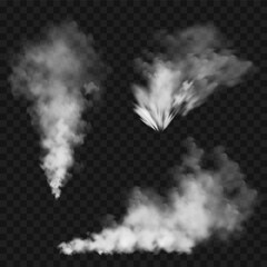 Realistic smoke clouds. Stream of smoke from burning objects. Transparent fog effect. White steam, mist. Vector design element.