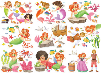 Two fairy tales. Three little pigs and little mermaid. Set of cute illustrations for children. Coloring book. Coloring page. Cute and funny cartoon characters