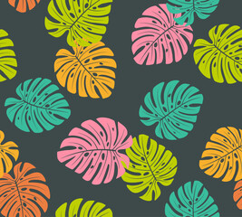 Fototapeta na wymiar tropical colorful monstera leaves seamless pattern