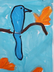 Kids artwork of blue bird on tree branches with orange color flowers at turquoise background. Hand drawing picture created by 5s child. Art education for children