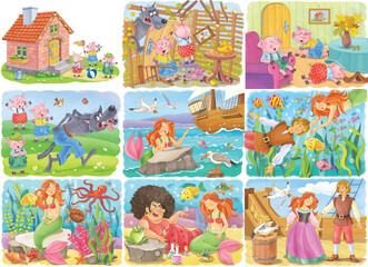 Obraz na płótnie Canvas Two fairy tales. Three little pigs and little mermaid. Set of cute illustrations for children. Coloring book. Coloring page. Cute and funny cartoon characters