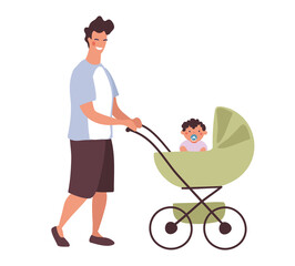 A young daddy walks with a baby in a stroller. A man with a newborn son on a walk in a baby carriage. Flat character design isolated on white background.