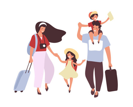 People are traveling with children and luggage. Asian couple with son and daughter on vacation. Family with boy and girl and suitcases. Flat cartoon vector illustration isolated on white background.