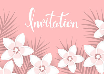floral background with tropical plumeria flowers and palm leaves