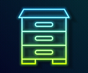 Glowing neon line Hive for bees icon isolated on black background. Beehive symbol. Apiary and beekeeping. Sweet natural food. Vector