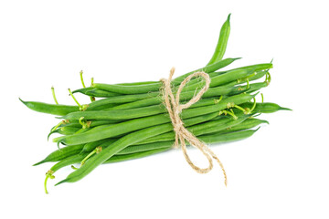 Green wax bean pods tied with a rope isolated on white background
