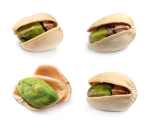 Set with tasty pistachio nuts on white background
