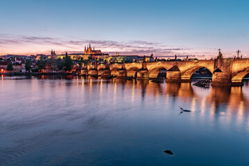night, river, bridge, city, prague, water, architecture, sky, castle, europe, blue, travel,...