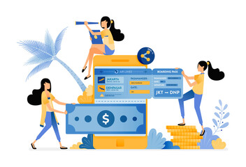 People transfer money to mobile banks and buy plane tickets for holidays. Vector design illustration can be used for poster, banner, ads, website, web, mobile, marketing, flyer