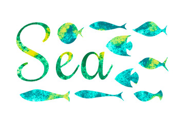 Set of watercolor fishes and the inscription Sea, cut out watercolor background, isolated, white background. Vector illustration