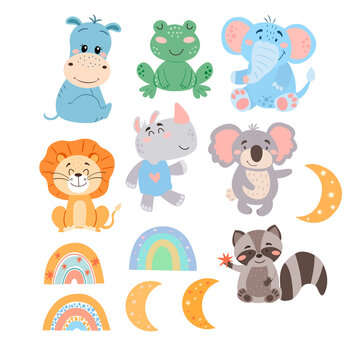 Set of cute cartoon animals, rainbows and moons in vector graphics, isolated on white background. For the design of postcards, posters, banners, covers, prints for mugs, t-shirts