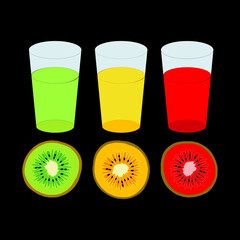 Vector illustration with glasses and kiwi slices on a black background.