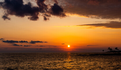 Sunset over sea. Dramatic sky.