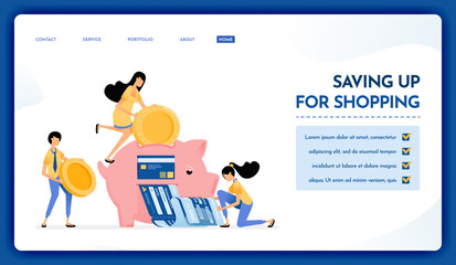 Landing page illustration of saving up for shopping. Piggy banks to shop for groceries, leisure and pay bills. Vector design can also be used for website, web, flyer, poster