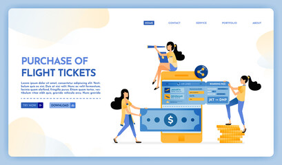 Obraz na płótnie Canvas Landing page illustration of purchase of flight ticket. People transfer money to mobile banks and buy plane tickets for holidays. Vector design can also be used for website, web, flyer, posters