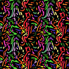 Abstract seamless pattern vector colorful illustration shapeless figures on black background