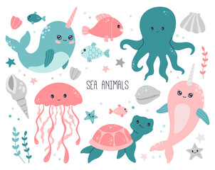 Ocean, sea cute baby animals collection on white background. Marine creatures badges, octopus, jelly fish, shell and turtle underwater inhabitants set, flat cartoon wildlife vector illustration