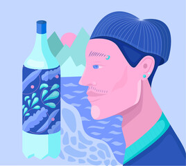 A man looking at a bottle of water and mountains in the background-01