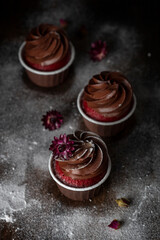 red velvet cupcakes with chocolate cream cheese icing