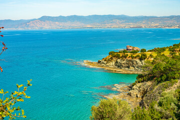 Fototapeta premium View to the Cyprus island sea coast with blue water and mountain. Akamas cape landscape
