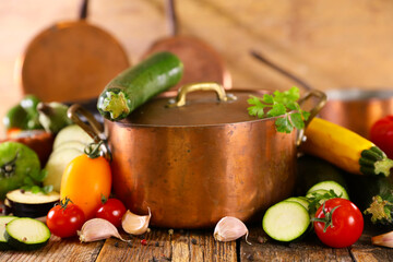 cooking pot and vegetables and spices