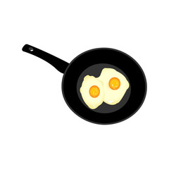 Scrambled eggs from two eggs in a round frying pan on a white background.
