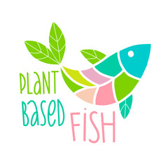 Fototapeta na wymiar Plant based fish concept. Vegan product. fish fins in the form of green leaves. Organic natural vegetarian food. Vector flat illustration.