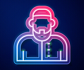 Glowing neon line Muslim man icon isolated on blue background. Vector