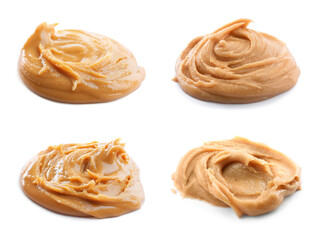 Set with delicious peanut butter on white background