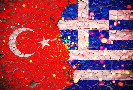 Grunge greece VS Turkey national flags icon pattern isolated on broken cracked wall background, abstract international political relationship friendship divided conflicts concept texture wallpaper.