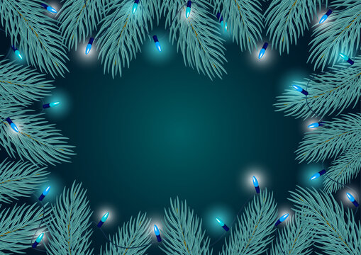 winter border frame background template with blue pine twigs branches and festive hanging light bulbs garland