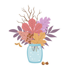 autumn fall leaves twigs arrangement in jar