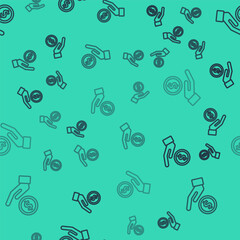 Black line Human hand giving money icon isolated seamless pattern on green background. Receiving money icon. Vector