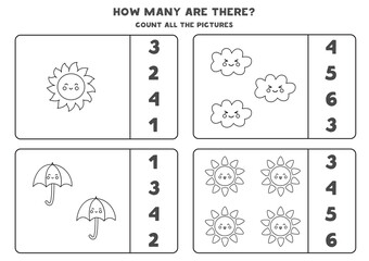 Counting game with cute weather elements. Math worksheet.