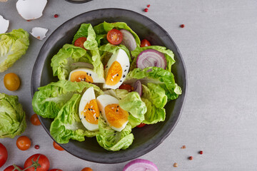 Diet menu. Healthy salad of fresh vegetables - tomatoes, egg, Onion. high angle view of a nutritious vegetable salad with boiled egg slices, served.  Healthy meal concept.