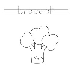 Tracing letters with cute broccoli. Writing practice for kids.