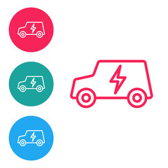 Red line Electric car and electrical cable plug charging icon isolated on white background. Renewable eco technologies. Set icons in circle buttons. Vector