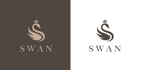 Elegant swan logo icon with royal crown. Luxury cosmetic brand template. Vector illustration.
