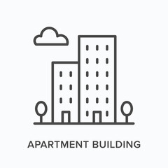 Apartment building flat line icon. Vector outline illustration of residential house. Black thin linear pictogram for hotel