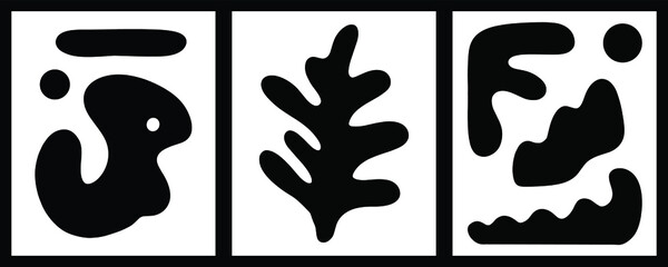 Black abstract art, organic shapes mid-century modern minimalist vector set - 434099240