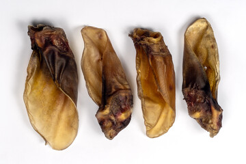 Four pieces pf dehydrated organic beef ears made for dogs. Homemade meat pet treats, dry chew jerky. White background, closeup, copy space. - obrazy, fototapety, plakaty