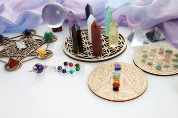 Meditation, reiki and spiritual healing background. Healing crystals grid.
