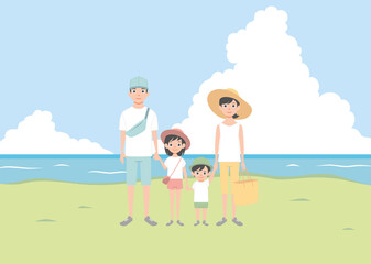 Family Travelling, Father, Mother Daughter and Son Going on Vacation. Family portrait. Vector illustration in cartoon style isolated on white.