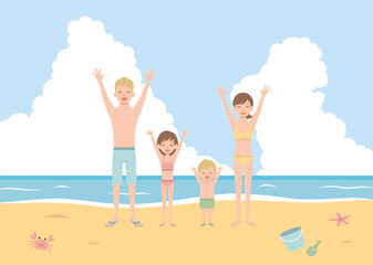 Mom, Dad, Daughter and Their Little Son on Beach, Happy Family Enjoying Summer Vacation on Seashore Vector Illustration on White Background.