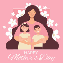Greeting card for mother's day, birthday or international women's day. Women with children, family, people. Flat vector illustration