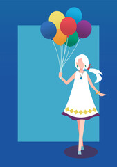 七色の風船を持つ女の子のポスター　人物フラットイラスト