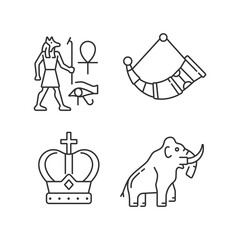 Ancestors heritage linear icons set. Egyptian wall drawings. Drinking horns. Royal crown. Mammoth. Customizable thin line contour symbols. Isolated vector outline illustrations. Editable stroke